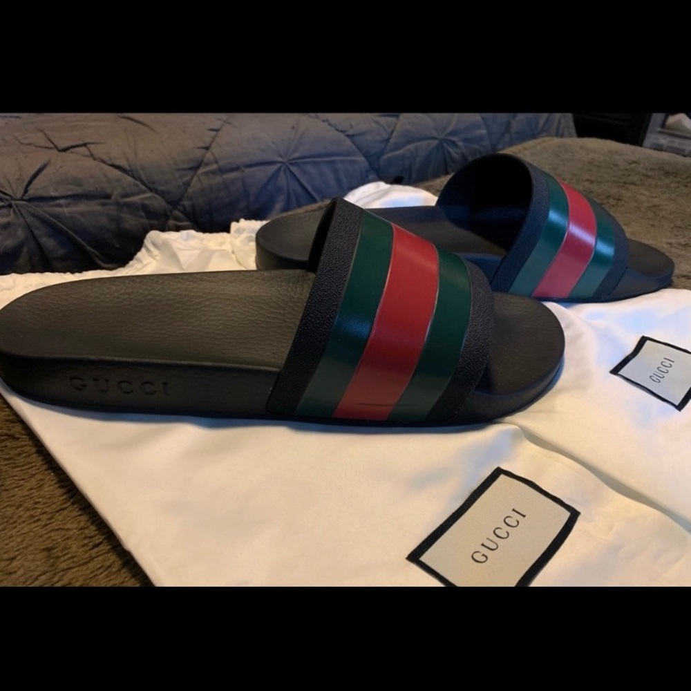 Gucci Men’s Slides Black Green/ Red Stripe - Picture 2 of 6